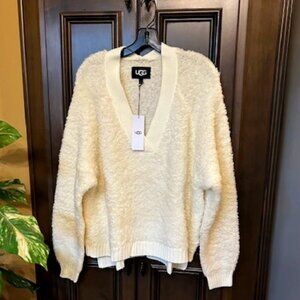 UGG Dreeann CloudFluff Wool Blend V-Neck Plaster Long Sleeve Pullover
